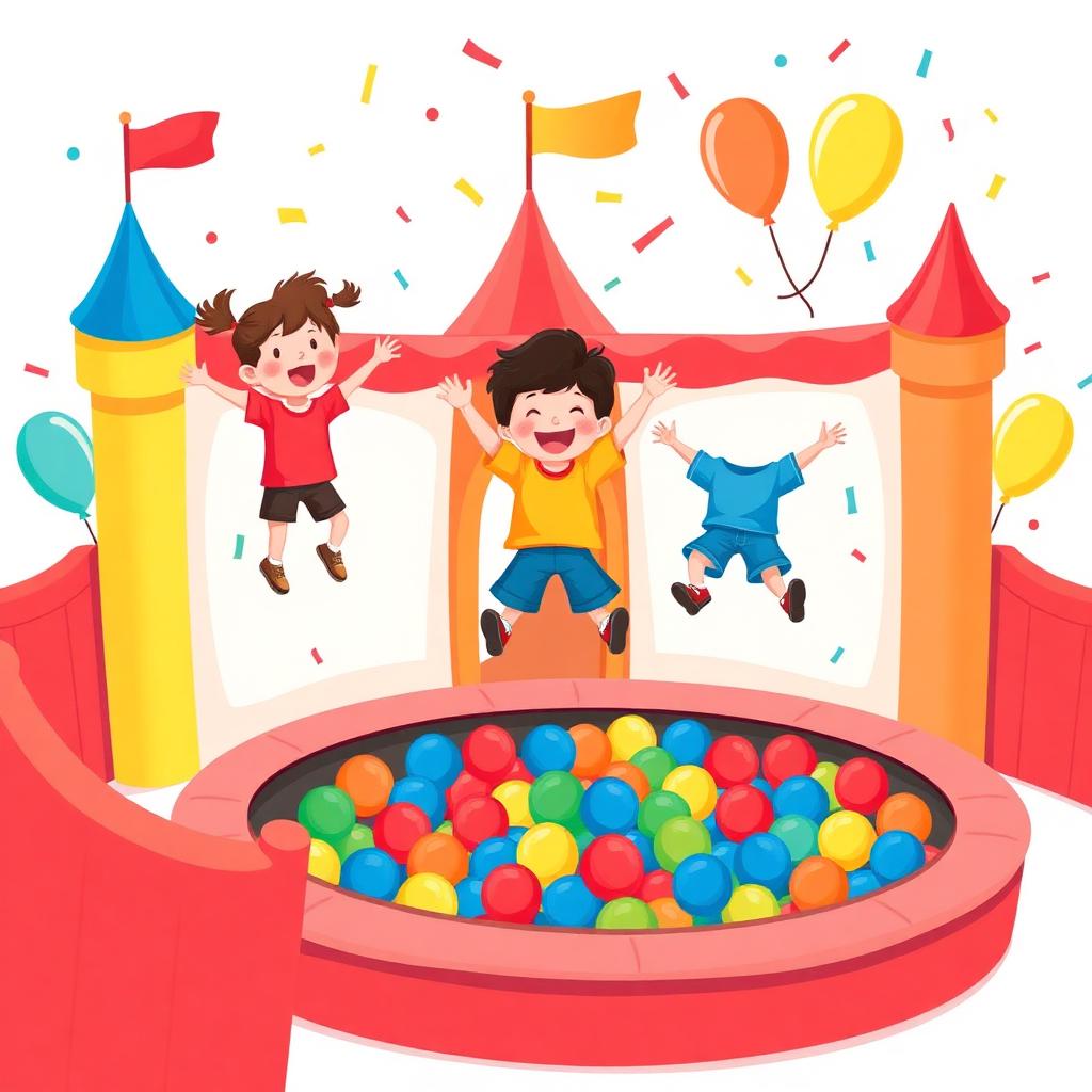 Ilustração temporária de crianças brincando em um inflável com piscina de bolinhas